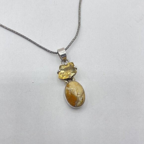 Handcrafted 925 Sterling Silver Necklace With Citrine & Jasper Pendant - Picture 5 of 5